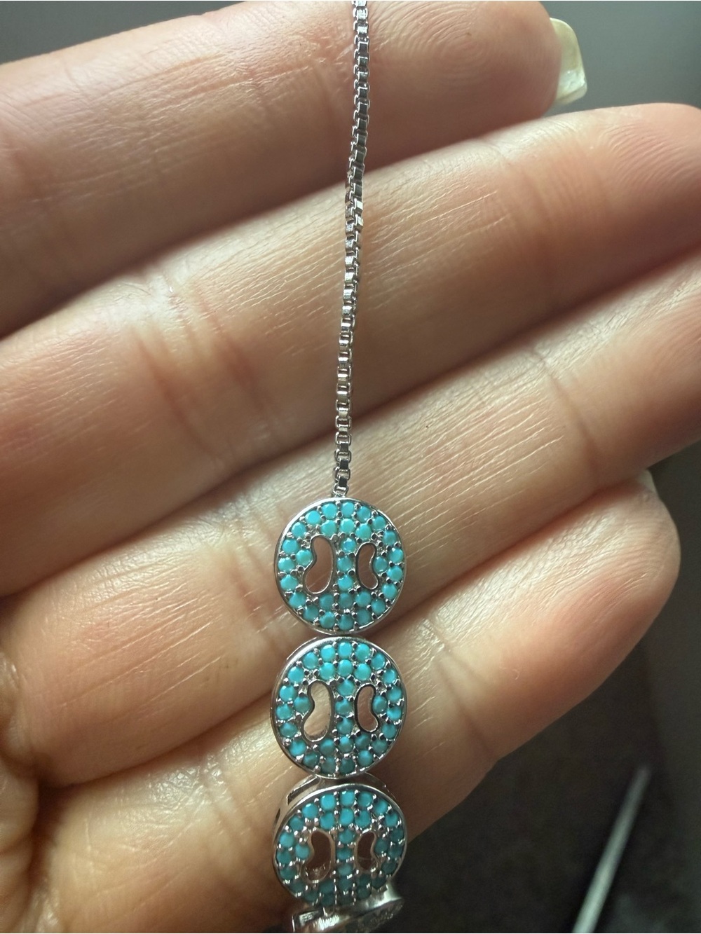 NEW! 14k White Gold Plated with Turquoise Crystal Disc Bracelet - Women Jewelry - Picture 4 of 6